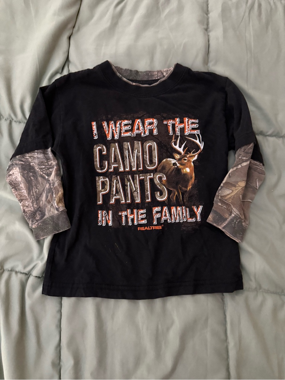 Realtree Black Long-Sleeve Tee with Camo Sleeve Accent and Deer Graphic